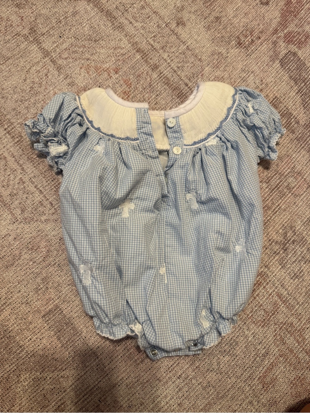Smocked Blue Gingham 'Jesus Loves Me' Baby One-Piece - Picture 4 of 4